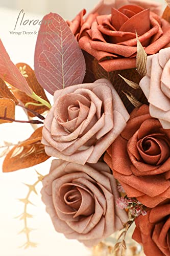 Artificial Flowers 25pcs Real Looking Burnt Orange & Warm Taupe Foam Fake Roses with Stems for DIY Wedding Bouquets Bridal Shower Centerpieces Floral Arrangements Party Tables Home Decorations (33 Count)