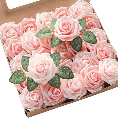 Artificial Flowers 25pcs Real Looking Shimmer Blush and Peach Foam Fake Roses with Stems for DIY Wedding Bouquets Bridal Shower Centerpieces Floral Arrangements Party Tables Home Decorations (25 Count)