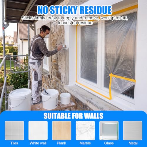 3 Roll Painters Plastic with Tape Pre Taped Masking Film for Painting Automotive Paint Adhesive Protective Film Masking Tape Roll Plastic Painting Covering