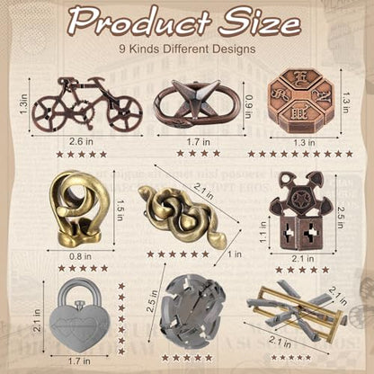 9 Pcs Metal Brain Teasers 3D Steel Puzzle Set (9 Count)