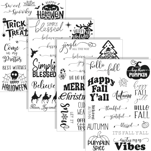 4 Sheets Holiday Clear Stamps Fall Halloween Christmas Nativity Scene Greeting Words Silicone Transparent Stamps for Autumn DIY Craft Card Making Scrapbooking Embossing Album Decor (4 Count)
