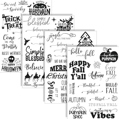 4 Sheets Holiday Clear Stamps Fall Halloween Christmas Nativity Scene Greeting Words Silicone Transparent Stamps for Autumn DIY Craft Card Making Scrapbooking Embossing Album Decor (4 Count)