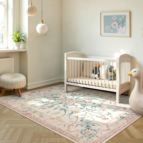 Pink Floral 8x10 Washable Rug for Living Room (11520 sq in)