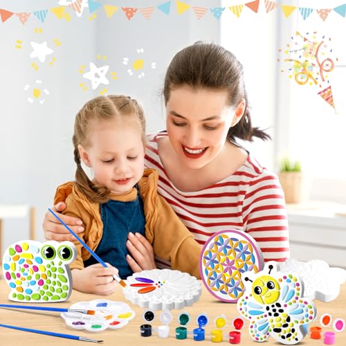6 Pack Stepping Stone Ceramic Kit for Kids Paint Your Own Plaster Stones Arts and Crafts Handprint Garden and Summer DIY Craft Pottery Outdoor Painting Gifts for Kids Ages 4