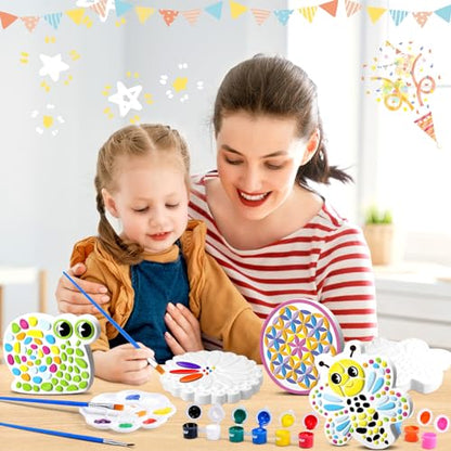6 Pack Stepping Stone Ceramic Kit for Kids Paint Your Own Plaster Stones Arts and Crafts Handprint Garden and Summer DIY Craft Pottery Outdoor Painting Gifts for Kids Ages 4