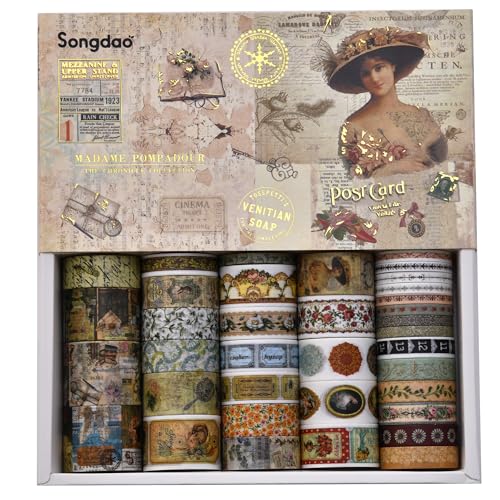 36 Rolls Vintage Washi Tape Pack Retro Arts Adhesive Tapes Wide Chronicle Decorative Masking Tape Sets for Craft (118.1102 Foot)