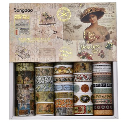 36 Rolls Vintage Washi Tape Pack Retro Arts Adhesive Tapes Wide Chronicle Decorative Masking Tape Sets for Craft (118.1102 Foot)