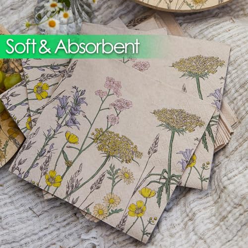 Table Kind 100 x Soft Recycled Floral Napkins Wildflower Soft Paper Napkins Pretty Wild Flower Serviettes for Spring Eco Friendly (100 Count)