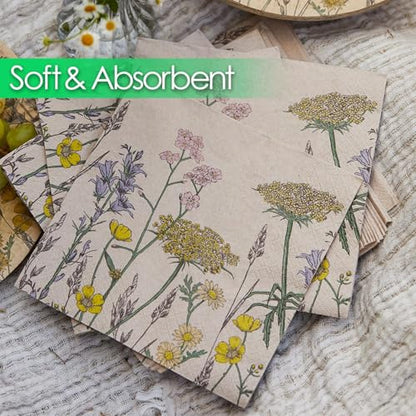 Table Kind 100 x Soft Recycled Floral Napkins Wildflower Soft Paper Napkins Pretty Wild Flower Serviettes for Spring Eco Friendly (100 Count)