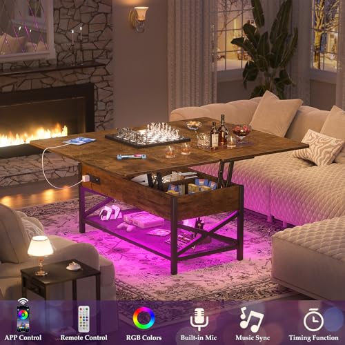 Coffee Table Lift Top with LED Light and Power Outlet