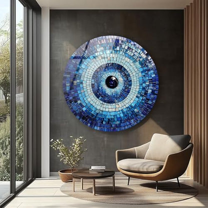 39,4''(100cm) Diameter Blue Mosaic Evil Eye Round Glass Wall Art Tempered Glass Printing Wall Decor Large Wall Art Wall Hangings