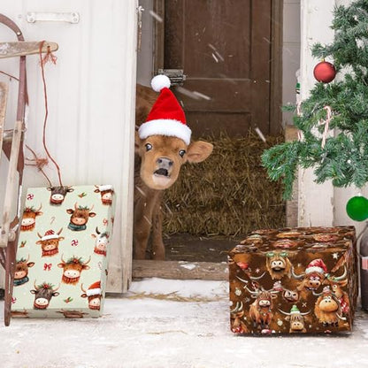 Highland Cow Christmas Wrapping Paper Sheet (30 Sq Ft)