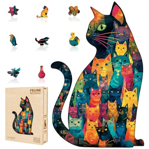 Mosaic Many Faces Sitting Black Cat Puzzles Adults Gifts Wooden 175 Pieces 14.4 * 9.2in