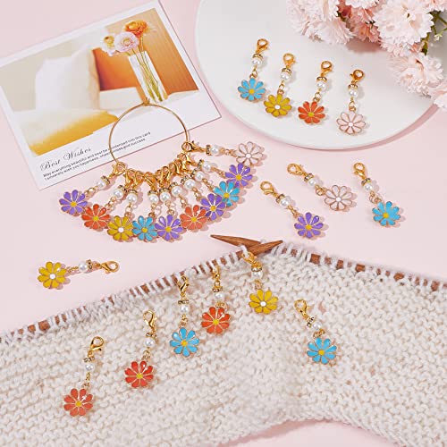 1 Box 30Pcs Stitch Markers Crochet Stitch Marker Daisy Flower Charms Pearl Beads Zipper Pull Clip On Removable Lobster Claw Clasp Charm Locking Knitting Markers for Weaving Sewing Quilting (30 Count)