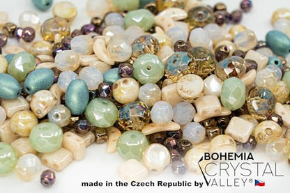2.1oz (60 g) Mix of Unique Czech Bohemia Glass Pressed Beads, Matte and Glossy, Hand Made, Beige Blue Luster (2.1164 Ounce)