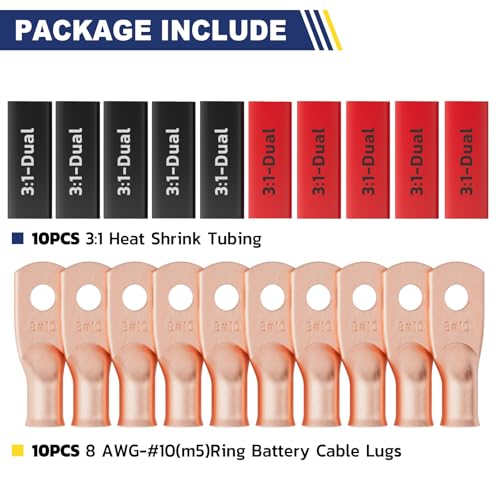 20PCS Battery Cable Lug & Heat Shrink Kit 8 AWG #10 (20 Count)