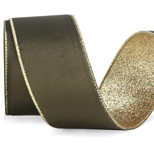 Dark Moss Velvet Wired Ribbon 2.5 Inch Moss Green Velvet with Gold Glitter Christmas Ribbon for Christmas Tree Decoration Big Bow Gift Wrapping Crafts Wreaths Supplies (30 Foot)