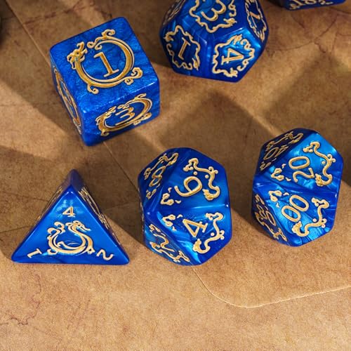 7 Die DND Dice Set Dragon Pattern Polyhedral Die with Leather Bag (7 Count)