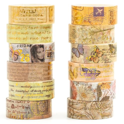 12 Rolls Charming Washi Tape Set Gold Silver Foil Detailing Arts Adhesive Tapes Basic Patterns Decorative Masking Tape Sets for Craft (12 Count)