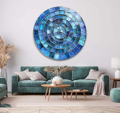 31.5''(80cm) Diameter Blue Aqua Spiral Harmony Round Glass Wall Art Tempered Glass Printing Wall Decor Large Wall Art Wall Hangings