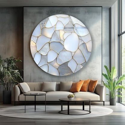 39,4''(100cm) Diameter White Stone Mosaic Round Glass Wall Art Tempered Glass Printing Wall Decor Large Wall Art Wall Hangings