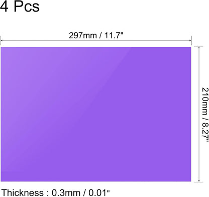uxcell 4Pcs A4 Gel Light Lighting Filter Overlay Transparent Color Correction Plastic Vinyl PVC Sheets Photography Television Purple,0.3mm