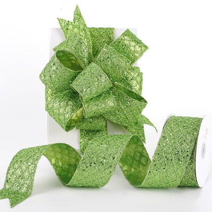 Lime Green Glitter Wired Christmas Ribbon 2.5 inch x 10 Yards (30 Foot)