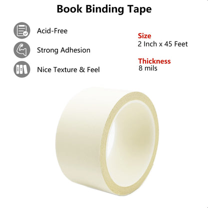Book Binding Tape, Book Repair Tape 2 Inch Wide, Acid-Free, Easy to Use, Flexible Book Binding Material, Bookbinding Kit, Book Tape for Reinforcing Book Spines and Covers, 2'' x 24', White