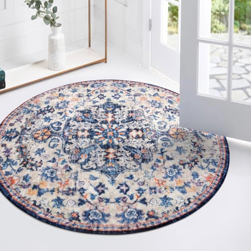 Reine Bohemian Round Rug 3Ft Small Bedroom Round Area Rug Soft Bathroom Circle Mat