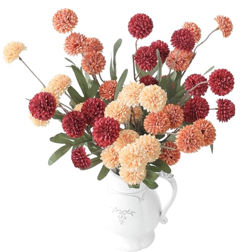 9pcs Dark Red Burnt Orange Mix Faux Silk Mums Artificial Flowers (9 Count)