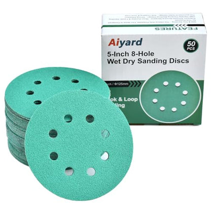 5-Inch 8-Hole Wet Dry Sanding Discs 60 Grit Sandpaper, 50-Pack (50 Count)