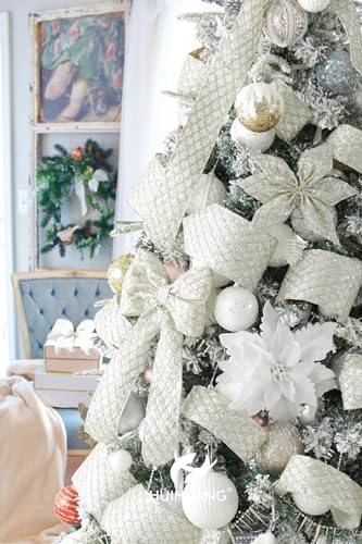 Champagne Glitter Wired Christmas Tree Ribbon 4 inch x 10 Yards (30 Foot)