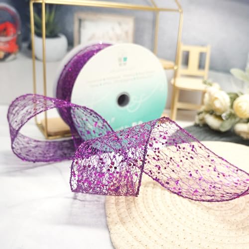 Sparkling Glitter Mesh Wired Ribbon 2.5" x 20 Yards Purple for Christmas Home Decor Bow Gift Wrapping DIY Crafts Wreath (60 Foot)