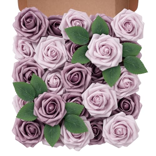 Artificial Flowers Foam Fake Roses 25pcs Series Purple Colors Roses with Stems for Home Decor DIY Wedding Bouquets Party Bridal Shower Centerpieces Faux Flower Arrangements Tables Decorations (25 Count)