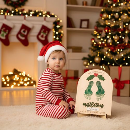 Personalized Baby’s First Christmas 2026 Wooden Mistletoes Footprint Art