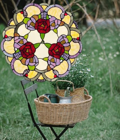 PA0001 Rose Flowers Stained Glass Window Panel W 16" x H 16" Window Suncatcher Tiffany Style Ornament