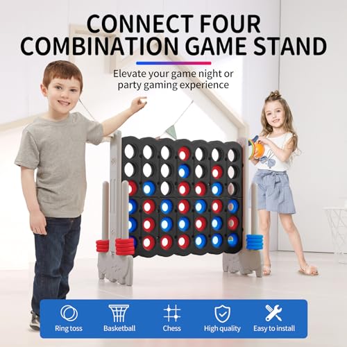 Giant 4-in-a-Row Game with Carry Bag, 3-in-1 Jumbo 4-to-Score Outdoor Yard Game with Basketball Hoop, Ring Toss, Quick-Release Slider, 42 Rings, Family Party Game for Kids & Adults