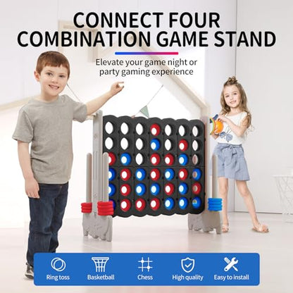 Giant 4-in-a-Row Game with Carry Bag, 3-in-1 Jumbo 4-to-Score Outdoor Yard Game with Basketball Hoop, Ring Toss, Quick-Release Slider, 42 Rings, Family Party Game for Kids & Adults