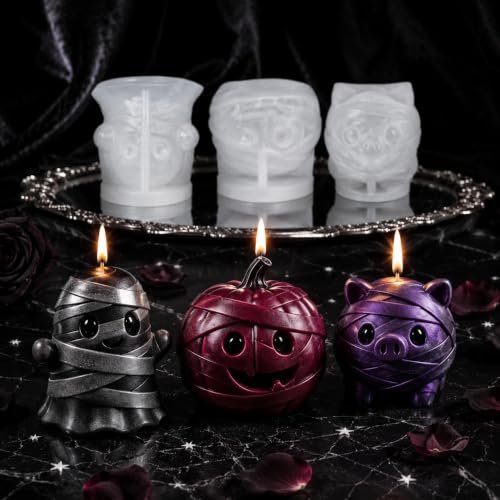 3Pcs 3D Halloween Silicone Molds Pumpkin Ghost Pig for Candle Resin Soap (3 Count)