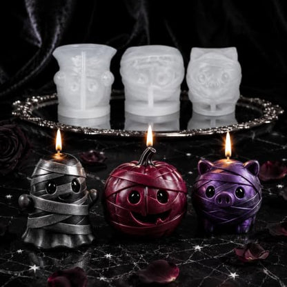 3Pcs 3D Halloween Silicone Molds Pumpkin Ghost Pig for Candle Resin Soap (3 Count)