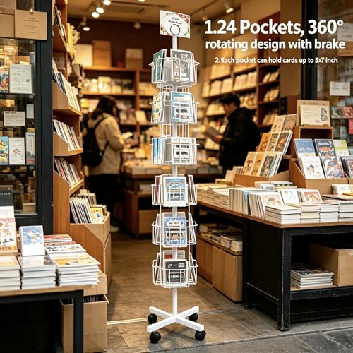 White Greeting Card Display Rack Rotating Flyer Stand 24 Pocket