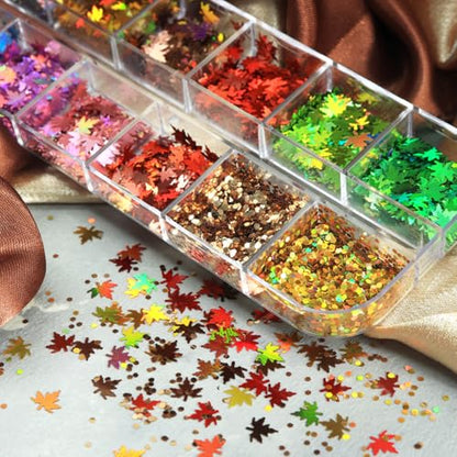 Thanksgiving Glitters Nails Sequins Fall Nail Glitter Sequins Autumn Maple Leaf Flakes Design Nails Charms Holographic Mixed Color 3D Confetti Maple Leaves Nails Glitter for Women (2 Ounce)