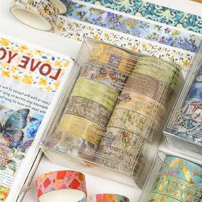 12 Rolls Charming Washi Tape Set Gold Silver Foil Detailing Arts Adhesive Tapes Basic Patterns Decorative Masking Tape Sets for Craft (12 Count)