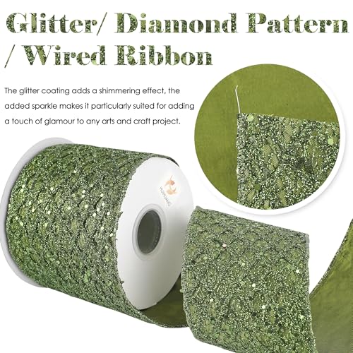 Glitter Moss Green Diamond Wired Christmas Ribbon 4" x 10 Yds (30 Foot)