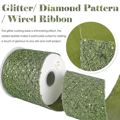 Glitter Moss Green Diamond Wired Christmas Ribbon 4" x 10 Yds (30 Foot)
