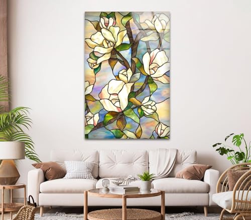 10Wx12H'' Stained Magnolia Glass Wall Art Tempered Glass Printing Wall Decor Large Wall Art Wall Hangings