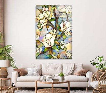 10Wx12H'' Stained Magnolia Glass Wall Art Tempered Glass Printing Wall Decor Large Wall Art Wall Hangings