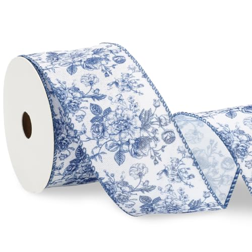 AnyDesign Blue and White Floral Wired Ribbon