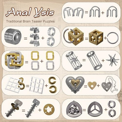 9 Pcs Metal Brain Teasers 3D Steel Puzzle Set (9 Count)