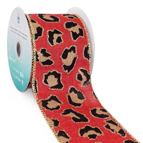 Burlap Leopard Fabric Wired Ribbon 2.5" x 10 Yards Red with Black and Gold Color for Christmas Home Wedding Decor Gift Wrapping Tree Topper Bow Wreath Bouquet DIY Crafts (30 Foot)
